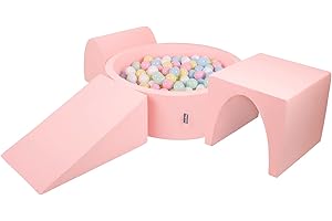 KiddyMoon Spielplatz Aus Schaumstoff Mit Rund Bällebad (200 Bälle) Ballgruben Für Babys Spielbad Hindernisläufen, Hergestellt In Der EU, Pink:Pastellblue/Pastellgelb/Weiß/Minze/Puderrosa