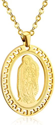 LUXUSTEEL Virgin Mary Maria Oval Miraculous Medal Pendant Choker Necklace with 45 cm Round Chain for Men/Women,Silver/Gold Color