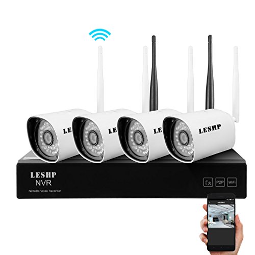 LESHP Sistema di videoregistrazione a 4 canali, WiFi, CCTV, NVR, sistema di videosorveglianza/di sicurezza con 4 telecamere HD 720p, inserimento e riproduzione, per interni ed esterni