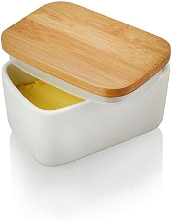 Butter Dishes, VinMas Ceramic Butter Container with Bamboo Lid Butter Keeper Food Storage Salt Bowl Box (300ML)