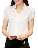 Minetom Damen Chiffon Blusen Elegant Kurzarm Freizeit Oberteil Lose V-Ausschnitt Tunika Hemd Mode Sommer T-Shirt Formal Büro OL Tops Übergröße Weiß DE 42