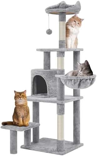 Yaheetech Albero Tiragraffi in Sisal Naturale e Truciolato 48,5 cm × 40,5 cm × 145 cm Torre per Gatti con Posatoio Gioco Condominio Grigio Chiaro