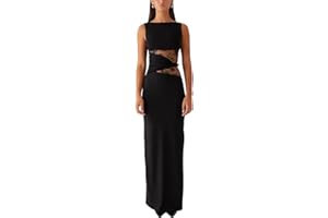 AOWVUTS Robe Femme Sexy sans Manches Robes Longue Moulante à Col Rond Maxi Robe Transparente Dentelle Patchwork Robes de Cocktail Chic et Elégant Bodycon pour Clubbing Prom Fête Mariage Invité