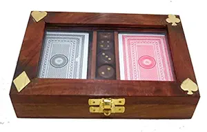 Ages Behind Set of 2 Playing Cards Box with 5 Dices in Wooden Carry Box with Size- L-7.5 W-4.5 Ht-1.5