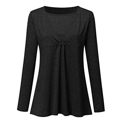 Gikou Femme Enceinte Tops Automne et Hiver Plissé Couleur Unie Manches Longues Grossesse T Shirt Col Rond Casual en Vrac Maternité Chemise Haut
