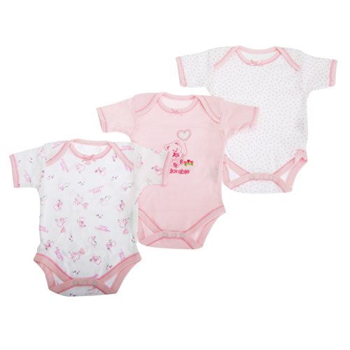 Baby Bodysuits, Baby Girls Pink Bear Pattern Short Sleeve Bodysuit Allergy Free (Pack of 3) ( Height: 56cm Weight: 4.5kg (Newborn))