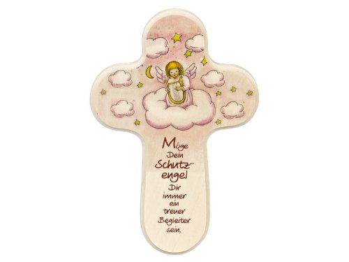 Taufkreuz / Kinderkreuz für Mädchen in rosa Holz ,,Schutzengel mit Harfe'. Ein Kreuz (Wandkreuz) zur Taufe als Taufgeschenk. Kreuz / Holzkreuz für Kinder (Baby, Taufkind) mit Taufspruch und Engel - 