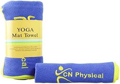 Premium Non Slip Yoga Mat Towel, Big 24x72 Inch + FREE Hand Towel. Perfect Size For Bikram, Hot Yoga and Pilates. Gaiam Quality, Anti Bacterial, Royal Blue with Gold Stitched Border, Skidless Dots.