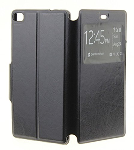 Funda carcasa tipo Libro con funcion soporte para HUAWEI P8 LITE Cuero cierre de iman con ventana S-View Color NEGRO Meloenvias  