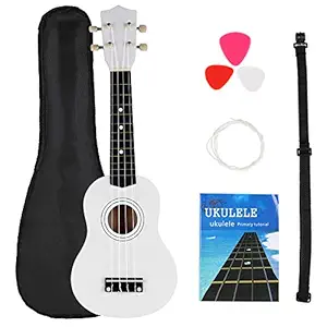 FUYXAN Soprano Ukulele Starter Kit 21 Inch Hawaiian Guitar Musical Instrument Kit with Ukulele Tuner + Strings + Pick + Strap +Carrying Bag + Booklet for Beginners Students Kids Adult, White