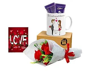 Kesri Gifts Love You This Much Coffee Mug and Flower Bouquet With Greeting Card and 2 Chocolate - Valentine Day Gift For Girlfriend, Boyfriend , Husband,Wife(CVD024)