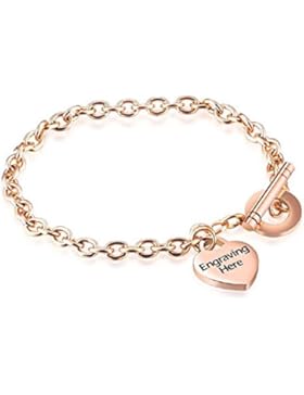 jewelora gratis Gravur Damen-Edelstahl Rose Gold Ton Herz Charms Rolo Kette Armband