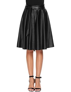 Chigant Damen Herbst Winter Hippie Rock aus Leder Hohe Taille Knielang Plisseerock Faltenrock mit Futter und genähtem...