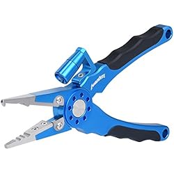 MadBite alumbrado de aluminio Alicates de pesca - cortador de trenza de carburo de tungsteno - super brillante bombilla LED - Crimper - removedor de gancho - herramienta de anillo partido - ¡Pescado en la oscuridad con confianza! (G4:Blue Split Ring Pliers - 7.5" (With 1 Light))