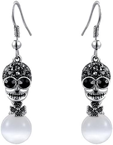 Women's Elegant Platinum Plated Black Skull with White Opal Hook Earrings