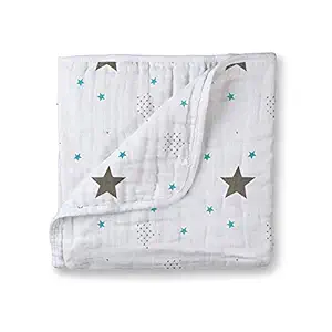 100% Muslin Cotton 4 Layer Baby Quilt for Newborn to 5 Years, Soft Dream Blanket, Muslin Baby Blankets for Girls & Boys, Lightweight Newborn Nursery & Crib Blanket, Baby Shower Gift_Blue Star Print