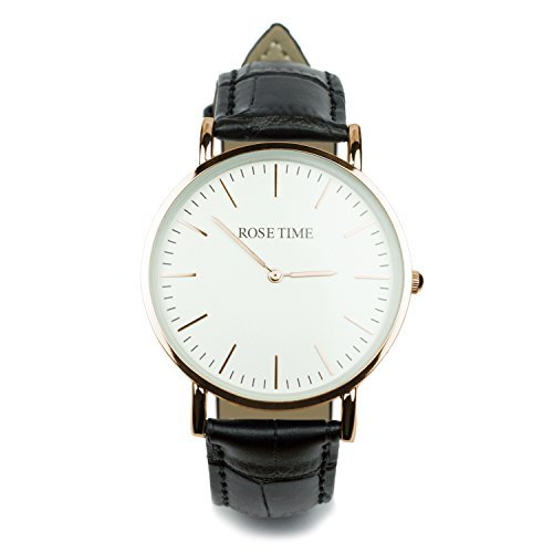 Rose Time Unisex Leder Armbanduhr Rose Gold Schwarz