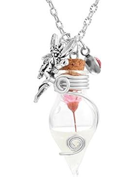 Damen Mädchen Kette Nachtleuchtend Tropfen Phiole Glas Anhänger Rosa Getrocknete Blumen