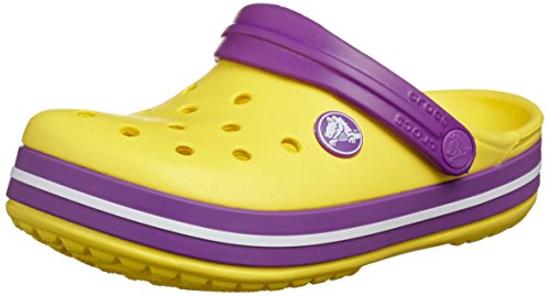 purple and yellow crocs