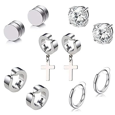 Fu You 5 Paires Acier Inoxydable Fausse Boucles d'oreilles Croix Homme Femme, Aimant Boucles d Oreilles Magnétique Homme, Diamant Boucle d Oreille Clip Créole Anneaux sans Trou Non Percée Clou Argent