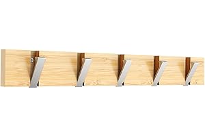 Anjuer - Appendiabiti da parete, appendiabiti con 5 ganci a scomparsa, appendiabiti per carichi pesanti, appendiabiti in bambù con ganci argentati