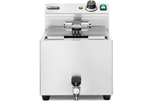 HENDI Deep Fryer, with Drain Tap, Deep Fryer, Adjustable up to 190 °C, Cold Zone, with Frying Basket and Lid, 10 L, 400 V, 6600 W, 302 x 687 x (H) 375 mm, Stainless Steel