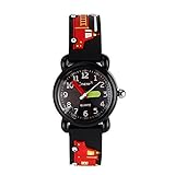 JIAN YA NA Jungen Uhr-Wasserdicht 3D Netten Karikatur-Entwurf-Runde Vorwahlknopf-Silikon-Gummi-Gelee-Farben-Uhr-Band-Quarz-Armbanduhr Schwarz (Löschfahrzeug