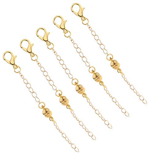 B Baosity 5 Pieces Women Chic Necklace Accessory Round Ball Magnetic Clasp With 1 Side Claw Hook Trigger Ring 2 Sides Extenders - golden 5mm, 7cm