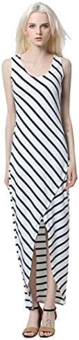 Wide Maxi Dress, iHee Women Casual Sundress Sleeveless Stripes Irregular Long Dresses (S, White)