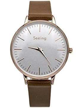 Seeing Frauen Analog Quarzwerk Wasserdichte Armbanduhr mit Edelstahl-Gehäuse und PU Lederband