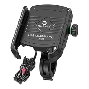 Yellowfin Waterproof Bike/Motorcycle/Scooter Mobile Phone Holder Mount with Fast USB 3.0 Charger with 360 Rotation, for Maps and GPS Navigation (Black, Jaw Grip with Fast Charger)