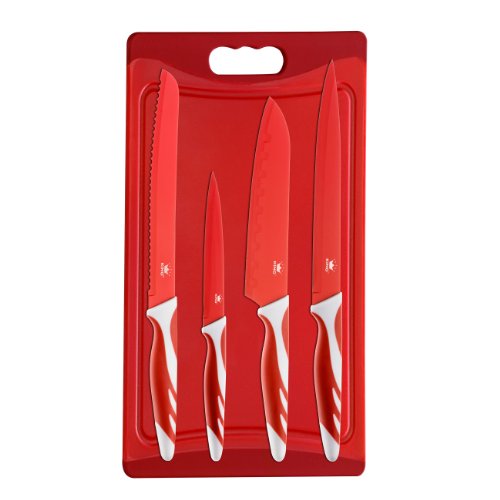 King M3976R Messerset Tomato 5-teilig, 4 Messer, 1 Schneidebrett, Antibakterielle Ausstattung, rot
