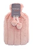 Luxurious Cosy Faux Fur Cover Hot Water Bottles with Pom Poms: 2 Litre Size (Cranberry)