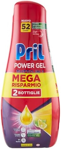 Pril Gel All In One Limone & Lime, Detersivo Lavastoviglie Liquido Multi-Azione Sporco Difficile, 2 Confezioni x 52 Lavaggi (104 lavaggi)