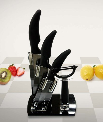 4er Keramikmesser (schwarze Klingen) Set (inkl. Sparschäler) mit Acryl Messerblock