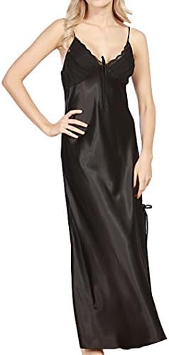 Evedaily Womens Sexy Sleepwear Satin Silk Pajamas Lace V-Neck Nightwear Spaghetti Strap Full Length Nightdress Plus Size (Black, L)
