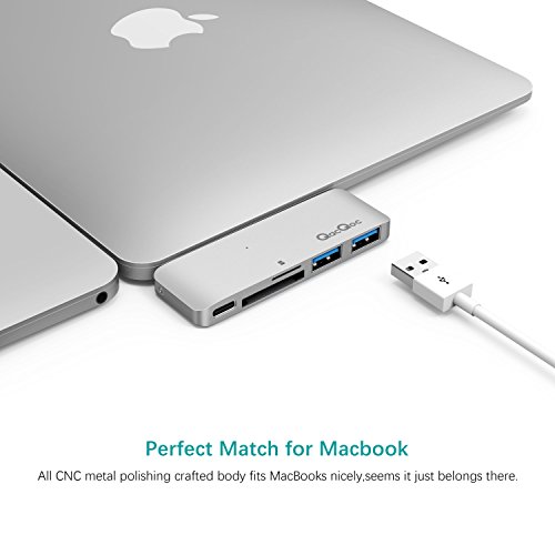 GN21B Typ-C Hub USB C Adapter mit 1 USB-C Anschluss (Stromversorgung), 1 SD-Karte Steckplatz, 1 Mikro-SD Steckpatz und 2 Superspeed USB 3.0 Ports Aluminiumgehäuse geeignet für MacBook, MacBook Pro, Google Chromebook, Hua Wei Matebook (Silber) - 6
