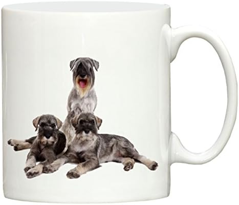 Three Schnauzers design hand printed ceramic mug printed in the UK by Dog Exhibitor merchandise, great for tea, coffee and most hot or cold beverages.