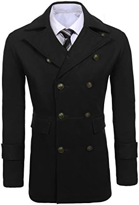 zeela Mens Casual Pea Coat Jacket Double Breasted Wool Blended Trench Coat Long Sleeve Notched Lapel Overcoat With Pockets Outerwear Spring Autunm Winter Black Grey Army Green