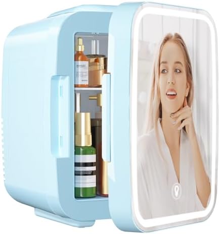 YASHE Mini Frigorifero per la Camera, Frigorifero Skincare con Specchio a LED, Piccolo Frigorifero da 4L Portatile, Riscaldatore & Raffreddatore Termoelettrico 220V AC / 12V DC per Auto, Ufficio(Blu)