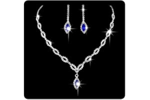 Wedity Wedding Crystal Necklace Earrings Set Bride Choker Necklaces Blue Pendant Jewelry for Women and Girls (Blue 1)