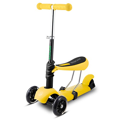 AMDirect Patinete 3 en 1 Patín Scooter con 3 Ruedas Led Luz con Asiento Desmontable Manillar Ajustable para Niños de 2-7, Color Amarillo