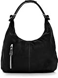  CNTMP Damen Schultertasche Leder, Hobo-Bag, Leder Handtasche Damen, Beuteltasche Wildleder, Leder-Tasche DIN-A4, 44x36x4cm (B x H x T), Farbe:Schwarz