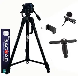 Eloies Jaguar 3 Way Pan Head Photo Video Heavy Built Tripod Stand for Mobile Phones and Cameras Max Height 5.5 Feet Combo Pack (Black)