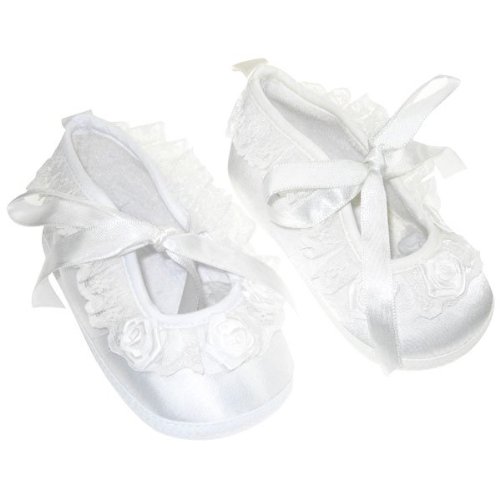 Beautiful ballet style Baby girls Christening Party shoes with rosebud detail by soft touch (3-6months, White)