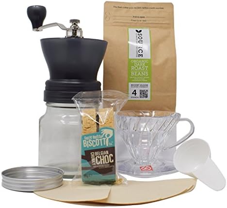 Discover Coffee Gift Set - Source Uganda Whole Bean Coffee (227g), Grunwerg Grinder, Hario Dripper &amp; Biscotti