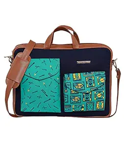 Funk For Hire Printed Cotton Canvas and Faux Leather Unisex Aqua Green and Navy Laptop sling Bag fit up to 15.6