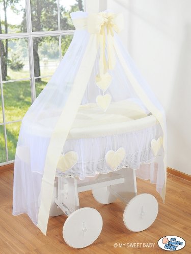 DELUXE HEART COLLECTION - LARGE WHEELED WHITE WICKER CRIB / MOSES BASKET / BASSINET / BABY COT WITH DRAPE / CANOPY NET - SOLID WOOD WHITE BASE + QUALITY CREAM & WHITE BEDDING SET + QUALITY MATTRESS + CANOPY NET HOLDER
