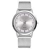 AchidistviQ-Unisex-Armbanduhr mit rundem Zifferblatt, Netzband, römische Zahlen, Quarzuhrwerk, silberfarben