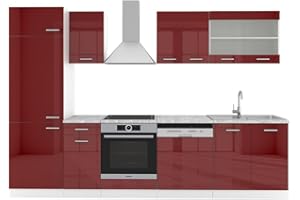 Vicco Mueble de Cocina R-Line, Burdeos Brillo Intenso/Blanco, 300 cm sin encimera